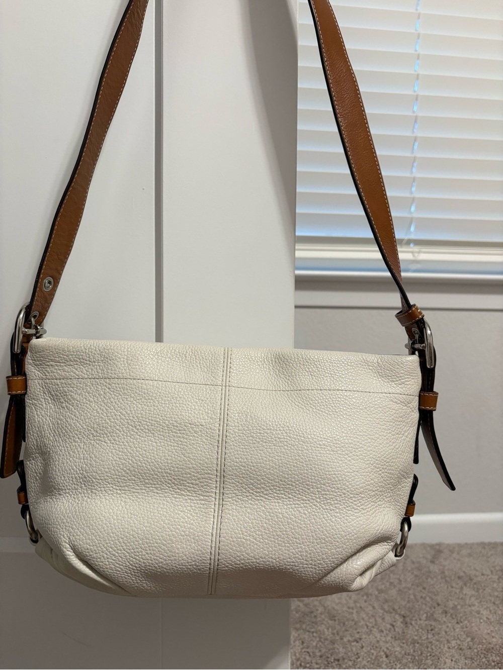 Coach Cream Pebbled Leather Shoulder Bag with Tan Strap